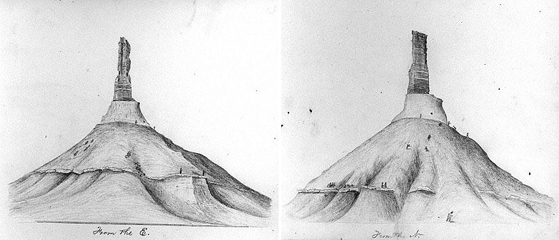pencilled sketch of Chimney Rock by William Quesenbury