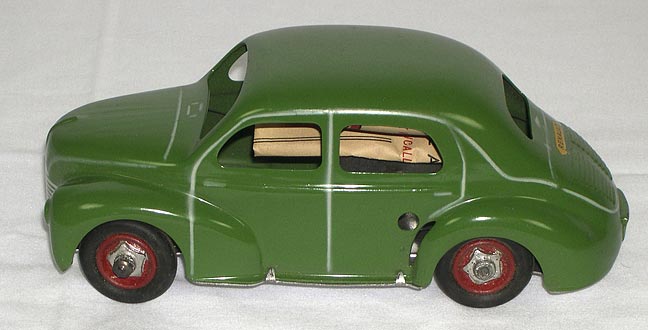 Toy Car (NSHS 7144-103) Markings: "RENAULT", decal on rear engine bonnet. Decal with number "4" on right rear fender. "Made in France" stamped on underside. License plate no. "7718-RO" decal, on rear bumper.