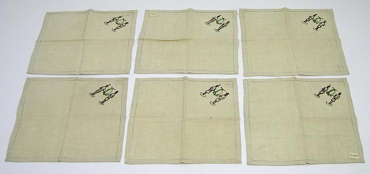 Napkins (NSHS 7144-99) Set of six linen napkins with embroidered figures of two people ringing a bell. 
