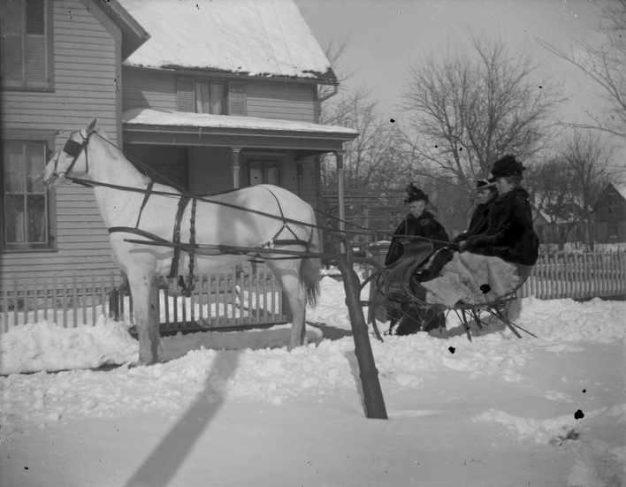 Three women in a horse-drawn sleigh