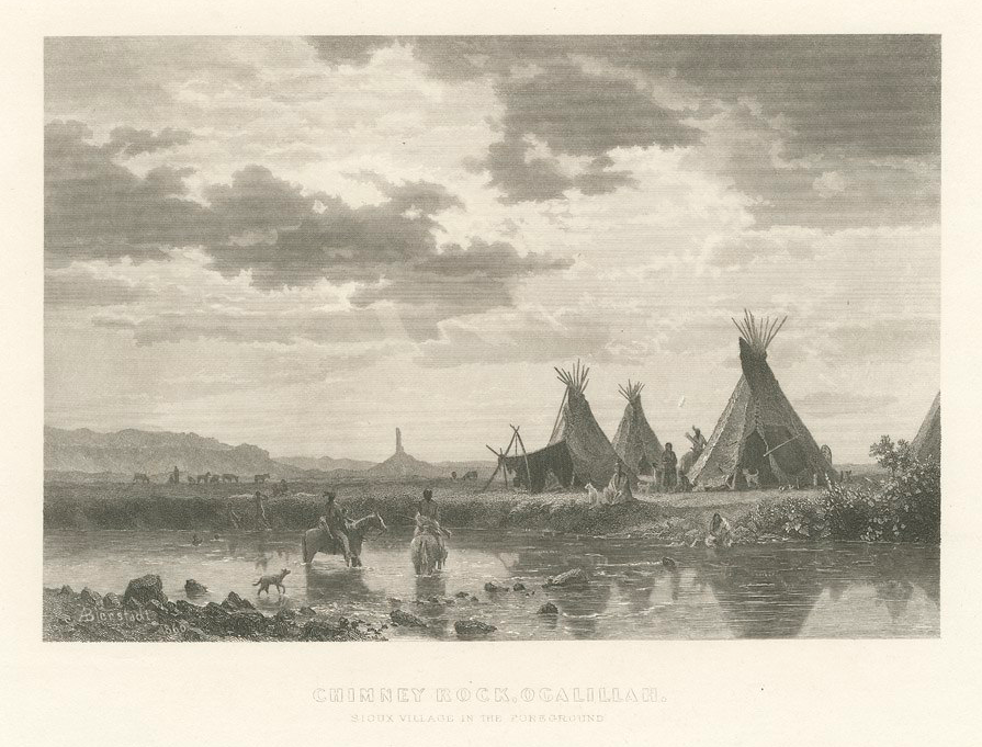 [9692-198] In 1859 Chimney Rock inspired Albert Bierstadt, the great painter of western landscapes.  This engraving of a Sioux Village along the North Platte River was based on one of his paintings.