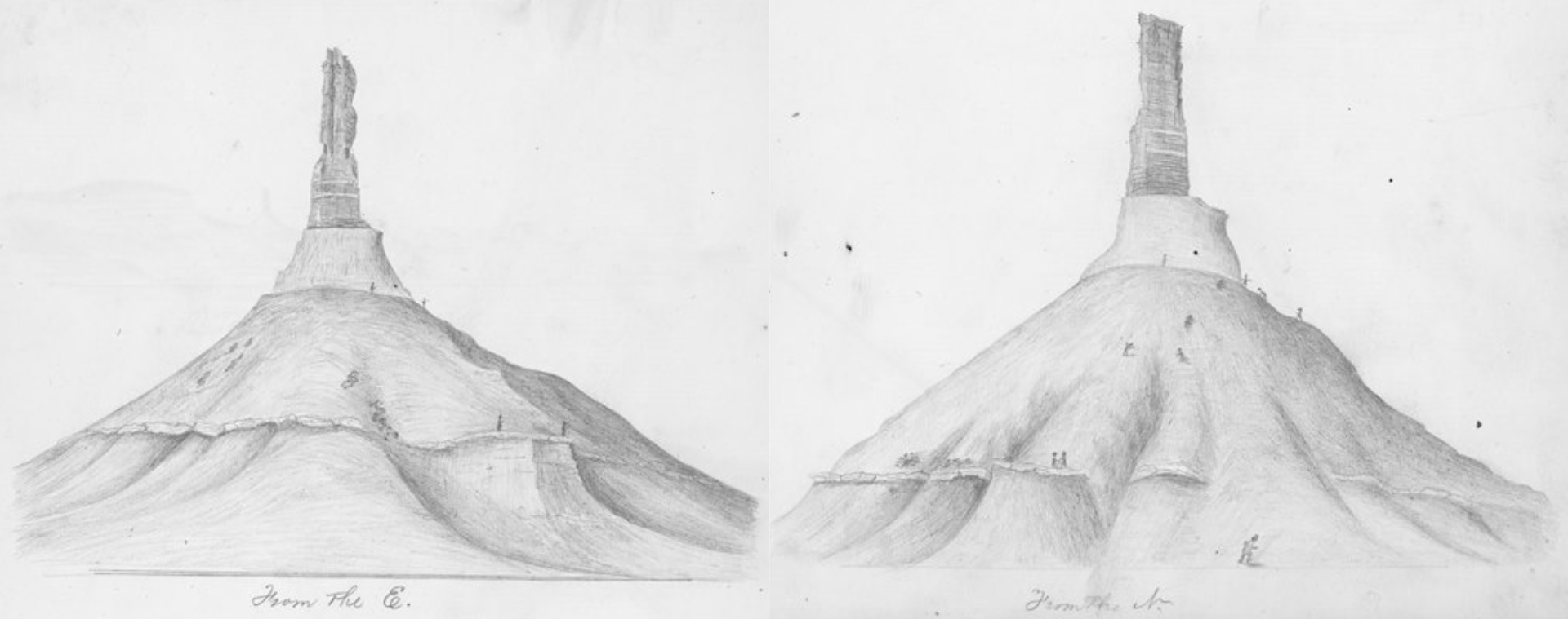 Courtesy of the Omaha World-Herald Quesenbury Sketchbook William Quesenbury traveled from Arkansas to California in 1850 but returned to the states the following year.  During his journey, he produced a series of finely-penciled sketches, including this magnificent view of Chimney Rock from the east. 