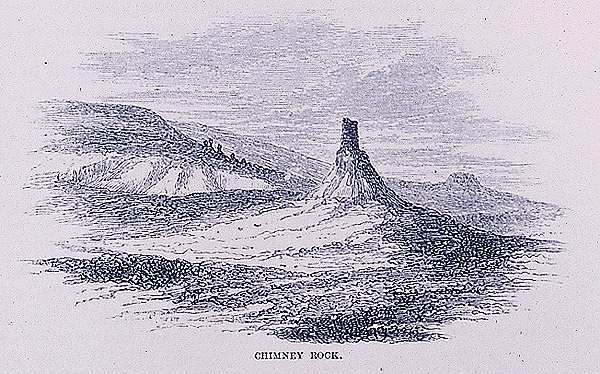 “I took occasion to sketch the far-famed Chimney Rock,” wrote Richard Burton in 1860.  An engraving accompanied his popular account of his trip.