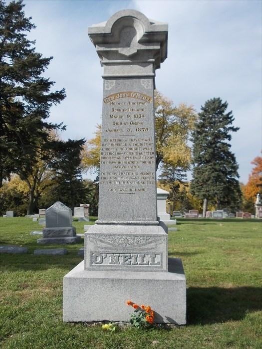 General John O’Neill’s headstone stands in Omaha’s Holy Sepulchre Cemetery. Image source: https://www.waymarking.com/gallery/image.aspx?f=1&guid=39a74fca-30cb-4617-9967-da132b299dc6.