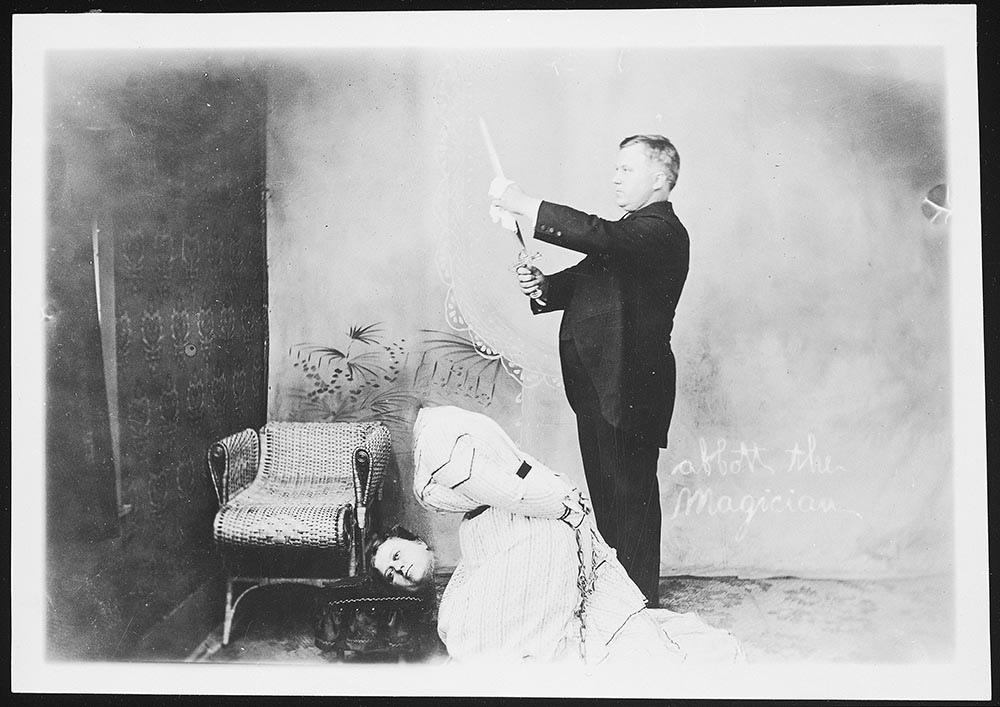 This portrait of “Abbott the Magician” used photographic tricks to create the illusion of Abbot cutting off the head of his assistant. (RG0813.PH000000-000683)