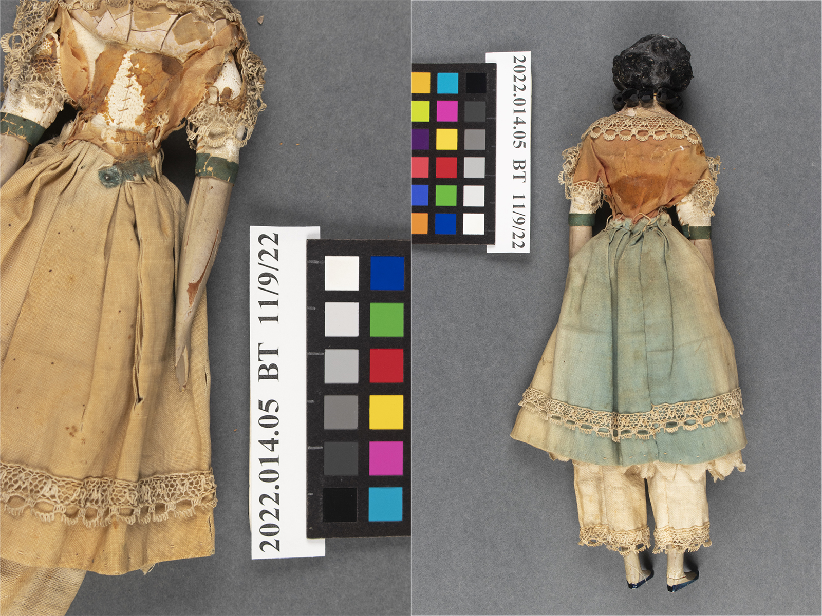 In this image, you can see that Lucy’s cotton dress was faded, stained, and developing splits along creased pleats. The skirt was originally blue and the bodice much darker; sections of this color remain on the back side of the doll, which had been more protected from light exposure.