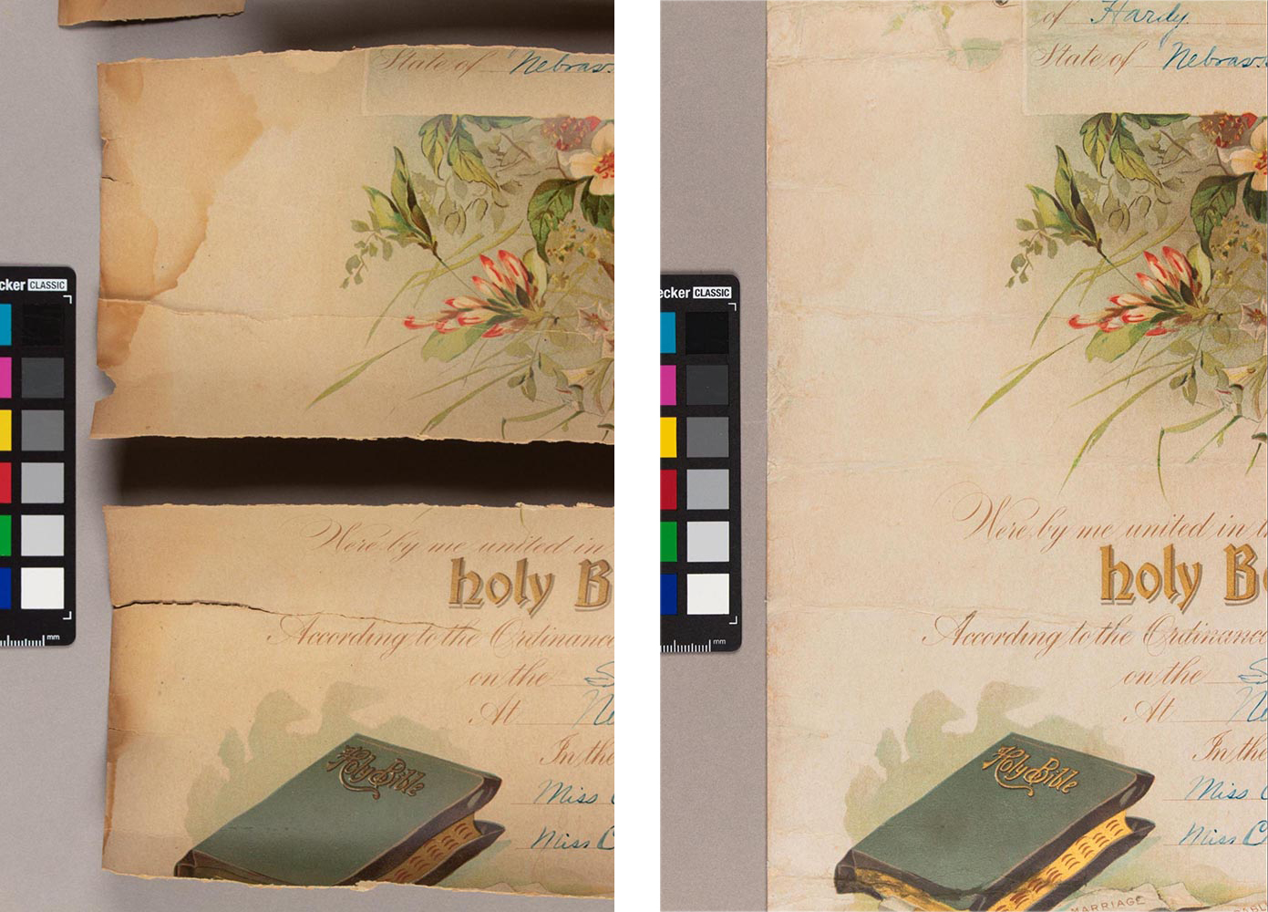 These before- and after- treatment details show the results of washing and toning for the marriage certificate.