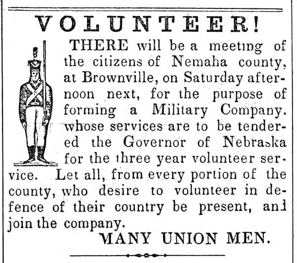 A black-and-white historical newspaper notice calling for Nemaha County citizens to volunteer for a three-year military company in Nebraska; illustration of a soldier included.