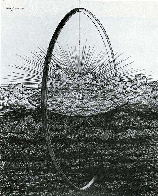 Black and white drawing of a large ring intersecting clouds, with rays of light emanating from the center above the clouds.