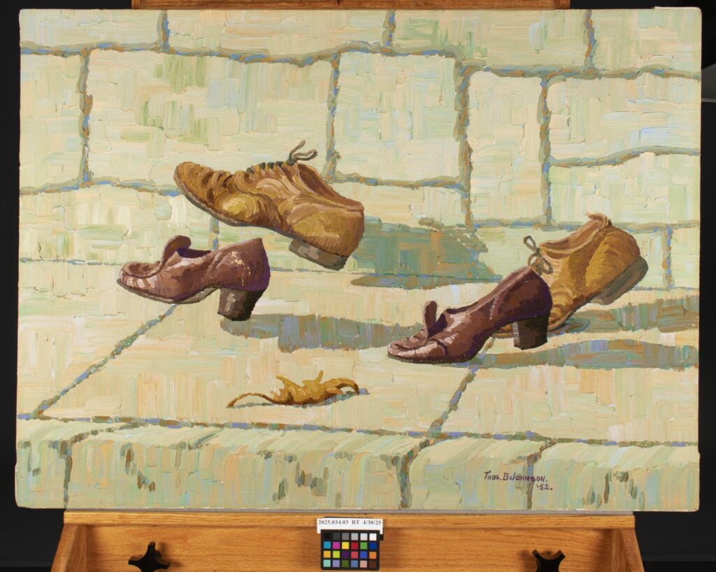 A painting depicting three brown shoes and a single leaf scattered on a pale stone surface, with light and shadow adding depth to the scene.
