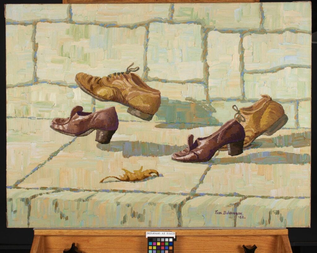 A painting of three brown shoes and a yellow leaf on stone steps. The shoes appear to be floating above the ground.