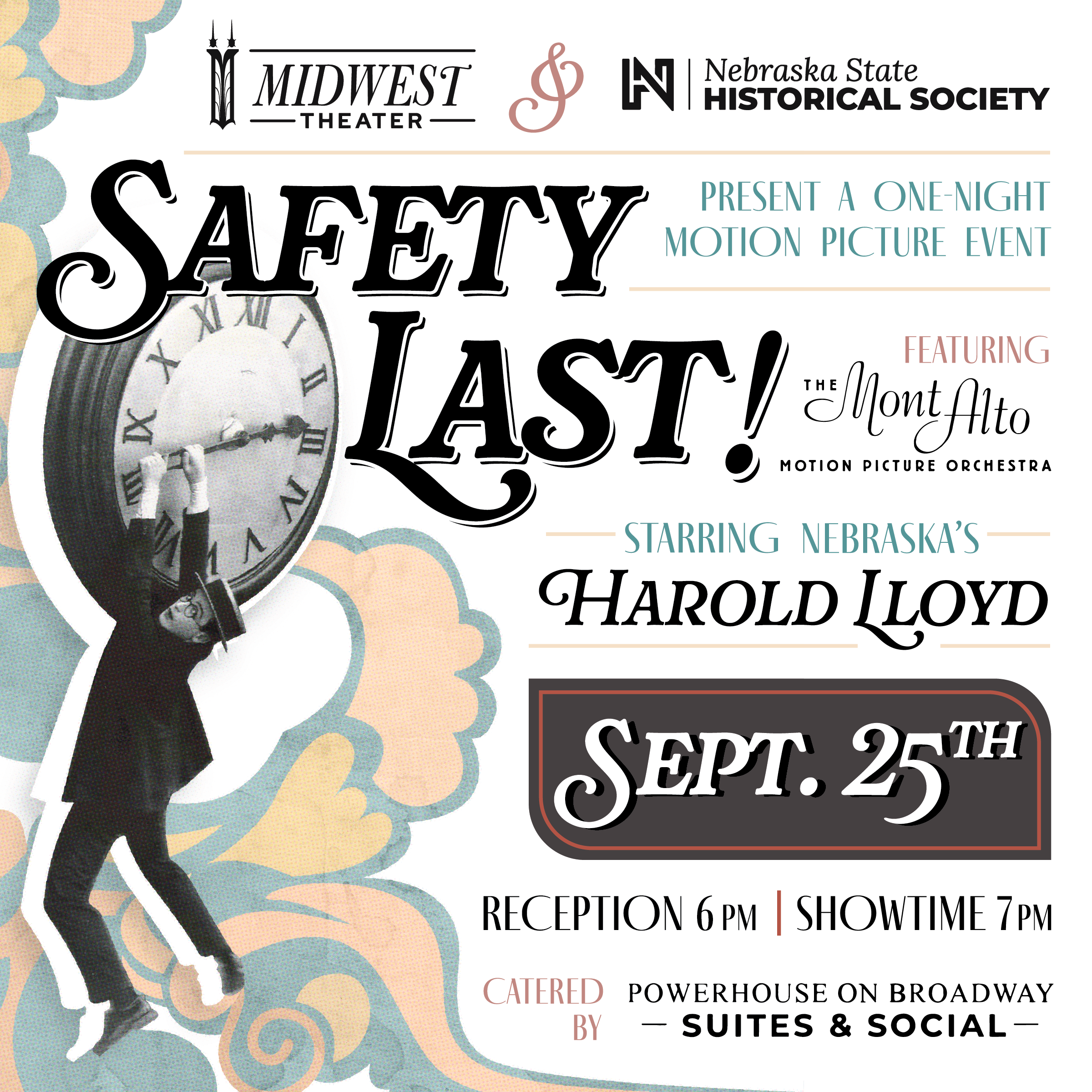Safety_Last_SQUAREcolor Promotional poster for "Safety Last!" screening on September 25th at Midwest Theater, featuring the Mont Alto Orchestra, starring Harold Lloyd; reception at 6pm, showtime at 7pm.