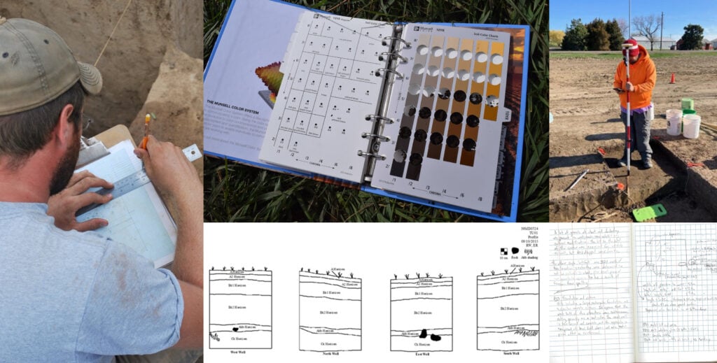 Collage showing soil scientists in the field, a Munsell color chart, soil profile diagrams, and handwritten field notes.