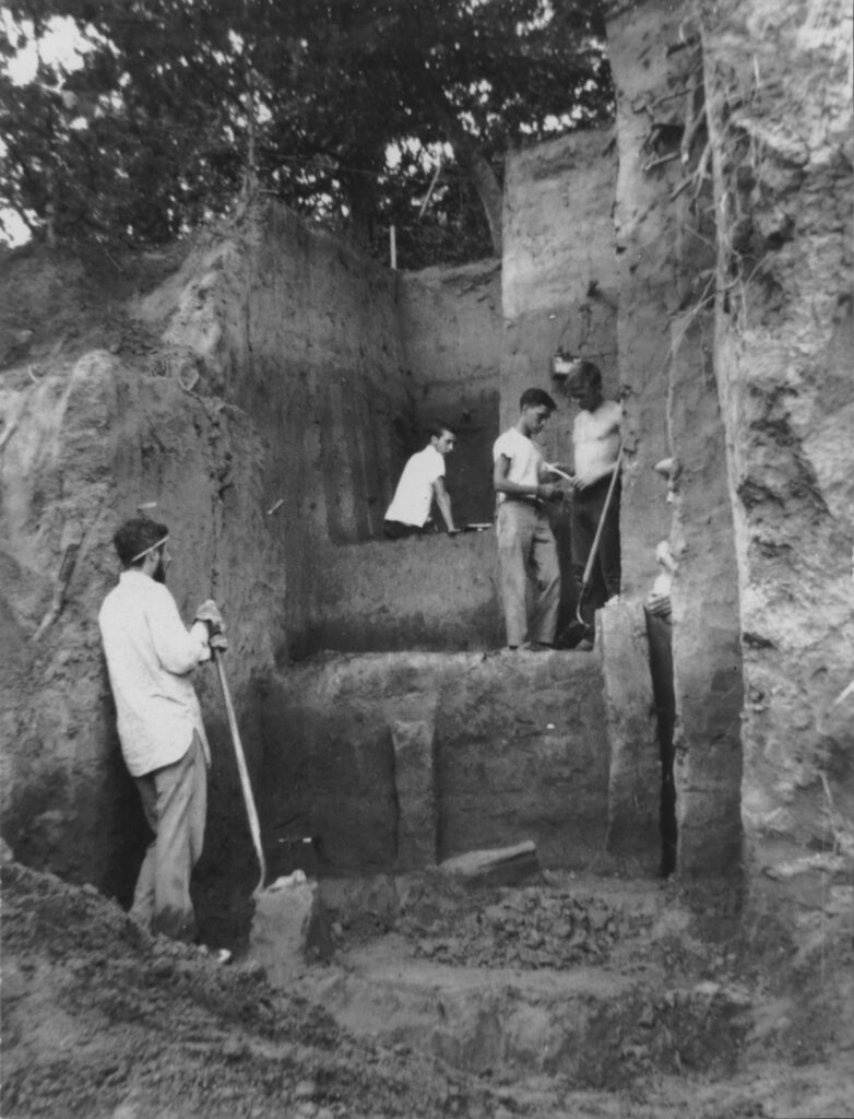 Four people work in a deep archaeological excavation site, using tools to examine soil layers and record findings. Trees and roots are visible at the top of the dig.