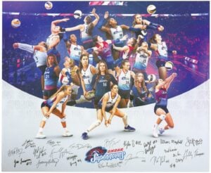 Group photo collage of Omaha Supernovas volleyball players in action poses, with signatures and the team logo at the bottom.