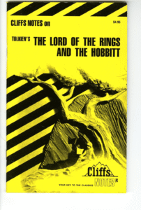 Cliffs Notes study guide cover for Tolkien’s "The Lord of the Rings and The Hobbit," featuring black and yellow stripes and a stylized illustration of mountains.
