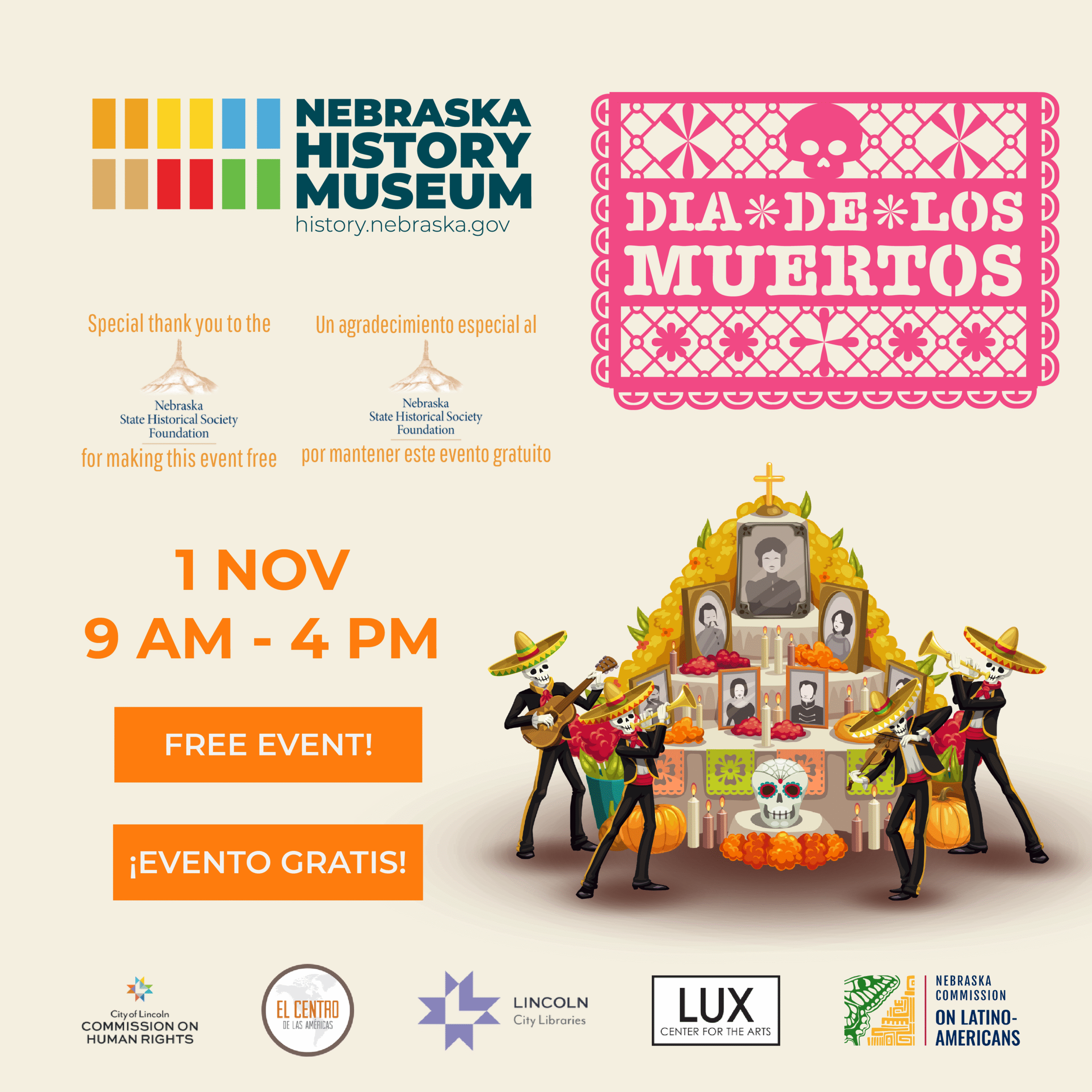 Flyer for a free Dia de los Muertos event at Nebraska History Museum on November 1, 9 AM–4 PM, with mariachi figures, altar, and sponsor logos.