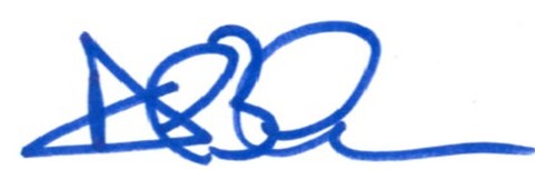 A blue, abstract signature drawn with overlapping loops and sharp angles on a white background.