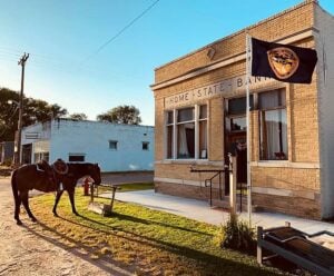 A horse is tied up outside a small brick building labeled "Home State Bank" with a flag flying in front on a sunny day.