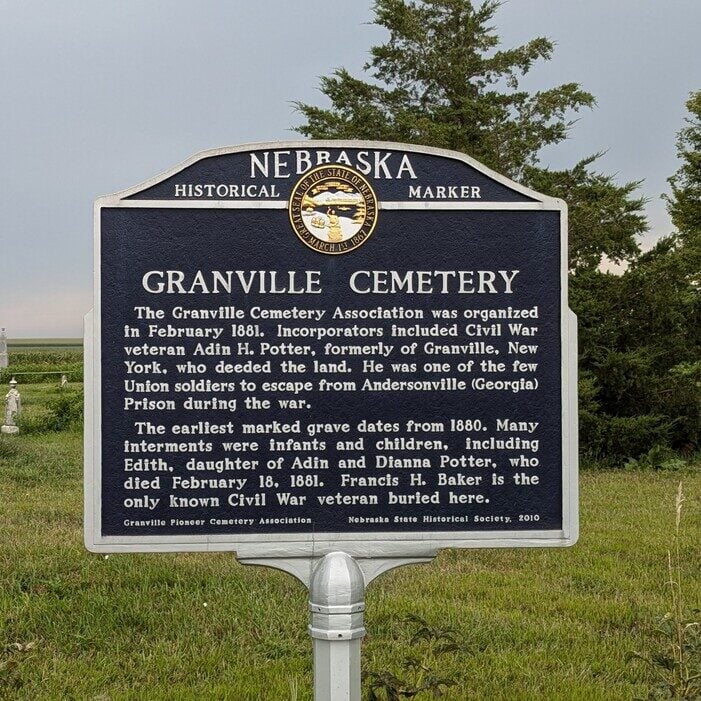 Nebraska historical marker for Granville Cemetery, detailing its founding in 1881, Civil War veteran connections, and information about early burials and incorporators.