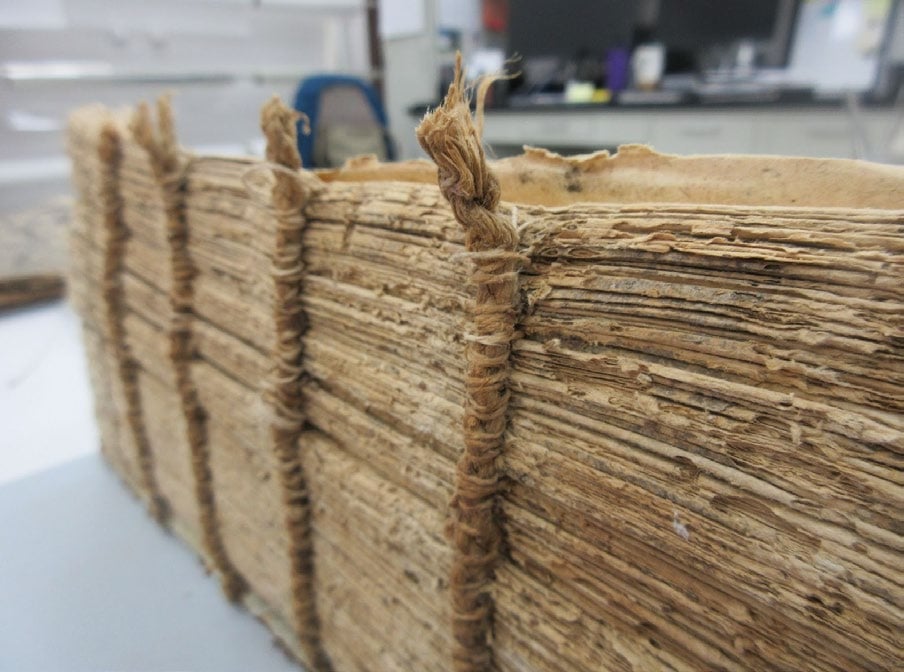 Close-up view of the spine of an old, worn book with exposed, frayed stitching and yellowed pages.