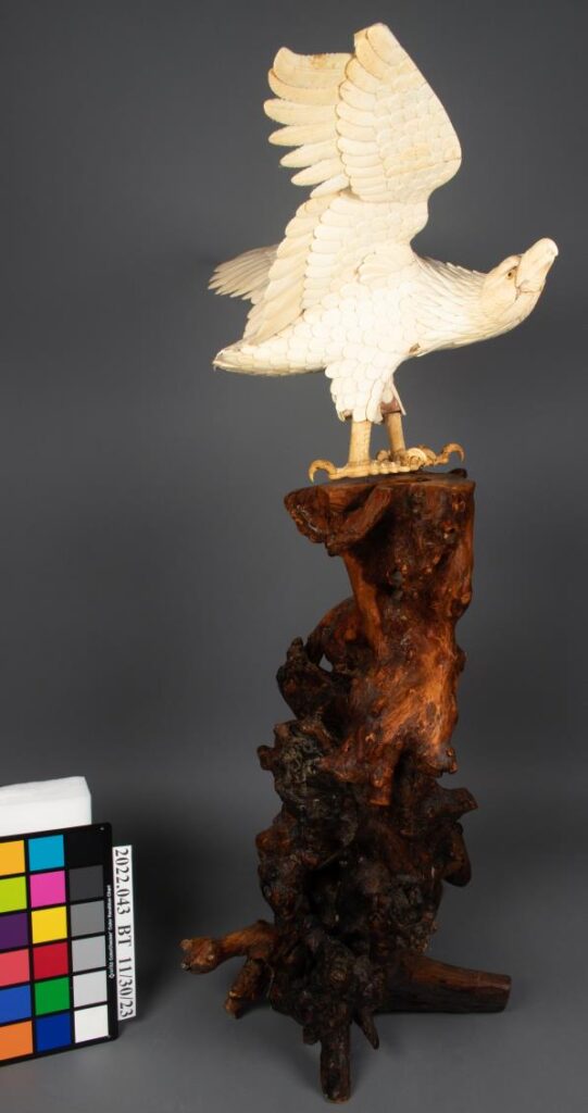 Ivory carving of an eagle with wings raised, perched on a tall, dark wooden base; color calibration card and label are beside the sculpture.