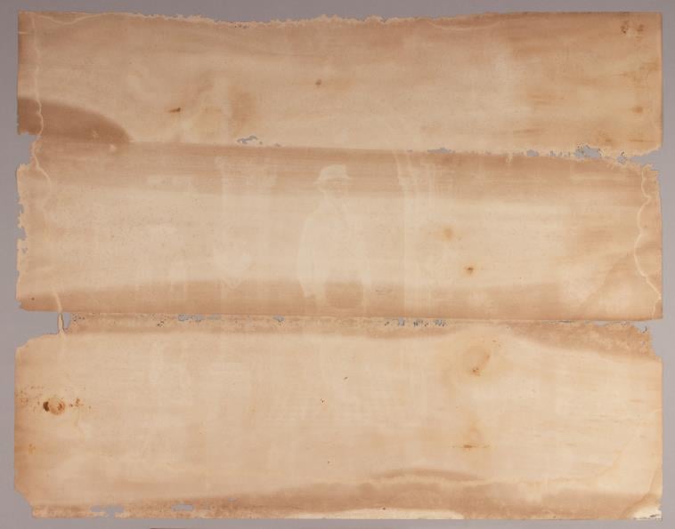 An image of the back of the print which shows the damage caused by insects, and the horizontal loss lines that match up with the gaps of the frame's backing slats, indicating where pests found easy entry.