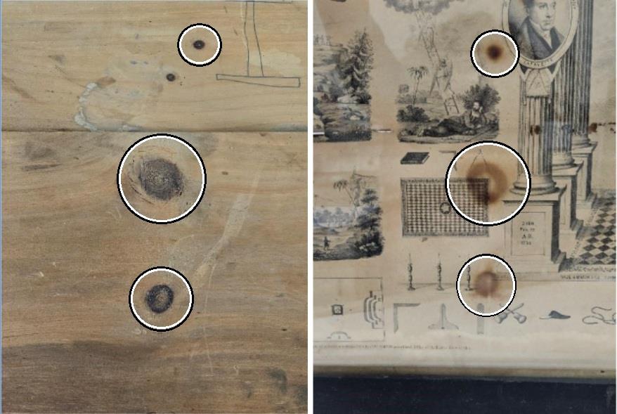 Closeup image of possible water damage to the “Entered Apprentice” print, depicting black spots on the frame that correspond to the spots on the print.