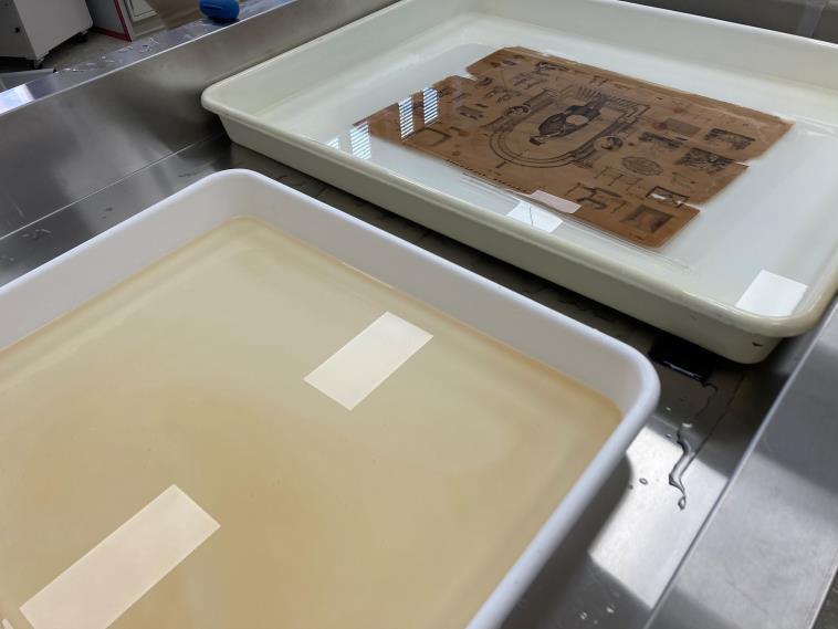 An image of two of the white plastic tubs, one with the print submerged in the pH-controlled water. Another is filled with dirted water the print was in.
