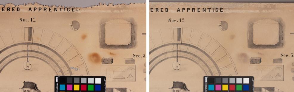Before and after image of the top of the "Entered Apprentice" print, showing the paper fills applied along the print helped to stabilize the insect damage. Improvements to the dark spots are also visible, with washing and toning having minimized the discoloration.