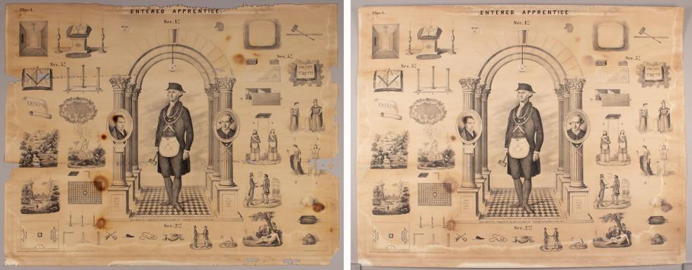 Before- and after-treatment images of the “Entered Apprentice” print, depicting the paper fills, lightened dark spots, and cleaned paper.