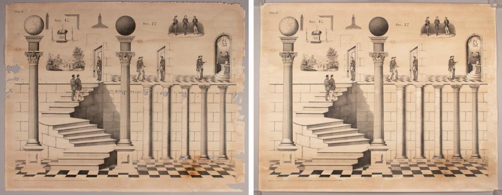 Before- and after-treatment images of the untitled second print that depicts various Masons climbing a staircase with columns and doorways. The print was discolored and required paper fills in the middle of the print and its edges.