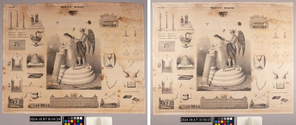 Before- and after-treatment images of the “Master Mason” print which features the Master Mason holding the hair of a woman at a column holding a presumed olive branch and cylinder. The print also had discoloration and required washing and paper fills on its edges.
