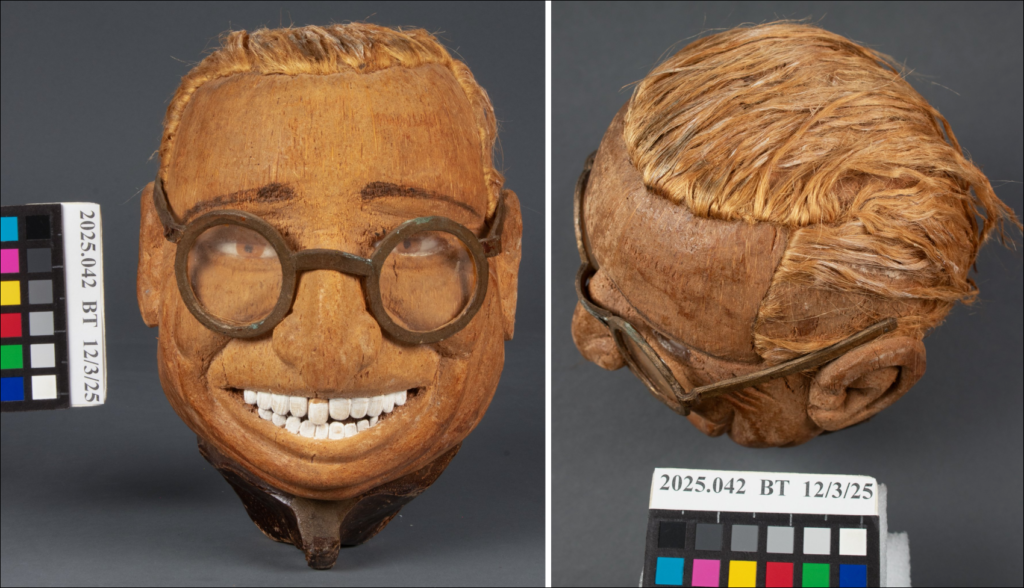 A carved coconut bust resembling Harry Truman with glasses and a wide smile; shown from the front and top angles against a gray background.