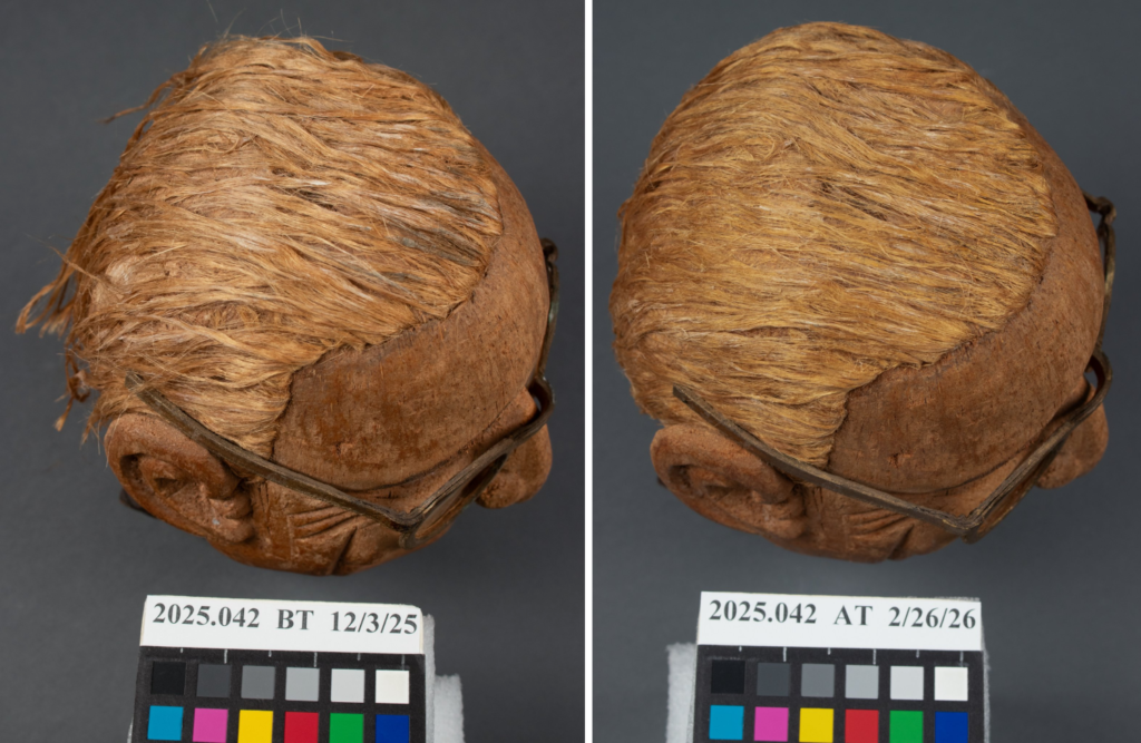 Two side-by-side photos show the top and side of a carved coconut bust resembling Harry Truman.