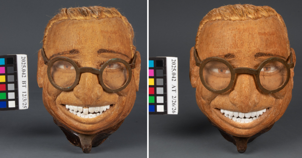 A carved coconut bust resembling Harry Truman with glasses and a wide smile is shown from two angles, each with a color chart and identification tag beside it.