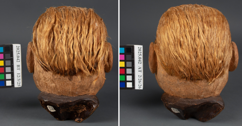Two side-by-side photos of the back of a carved coconut bust resembling Harry Truman with light brown hair, shown before (left) and after (right) treatment. Color bars and ID labels are visible beside each.