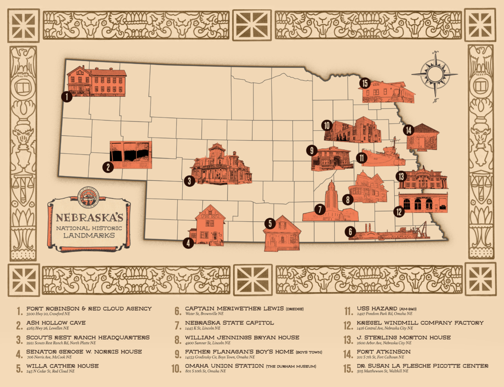 A vintage-style illustrated map of Nebraska shows the locations and names of its National Historic Landmarks, with numbered drawings representing each landmark across the state.