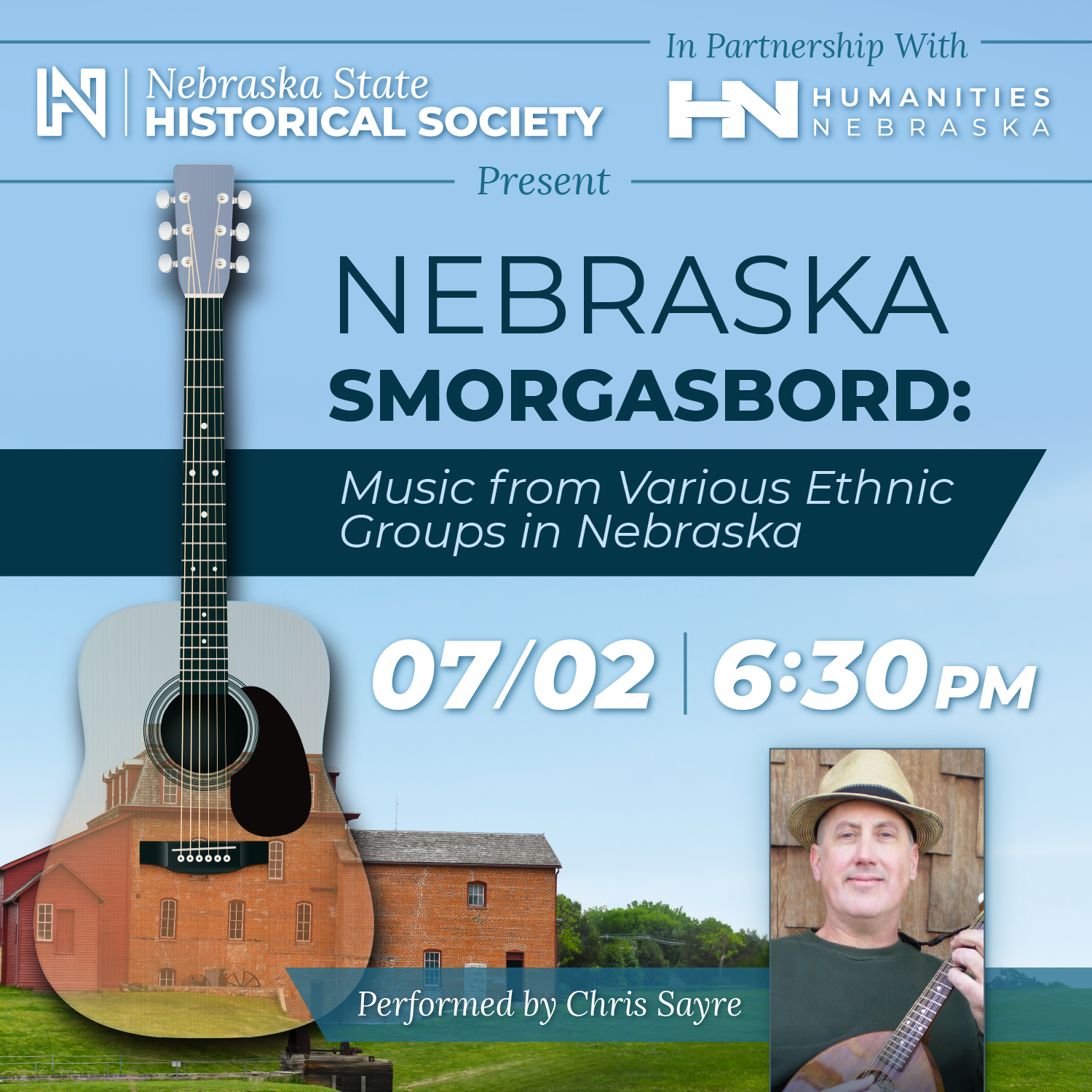 Sayre@Neligh-SQUARE Promotional graphic for "Nebraska Smorgasbord: Music from Various Ethnic Groups in Nebraska," July 2 at 6:30 PM, featuring performer Chris Sayre and event sponsor logos.