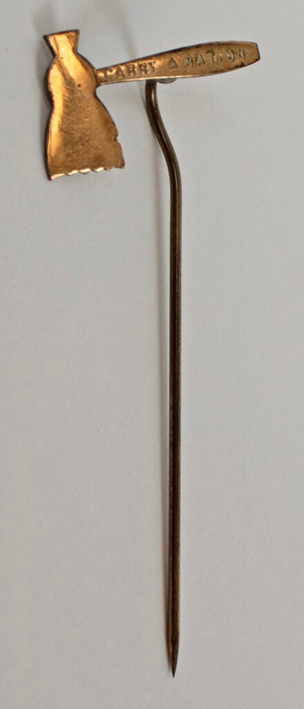 A vintage brass hatchet-shaped pin with the words "CARRY A NATION" engraved on the handle, attached to a long, straight pin.