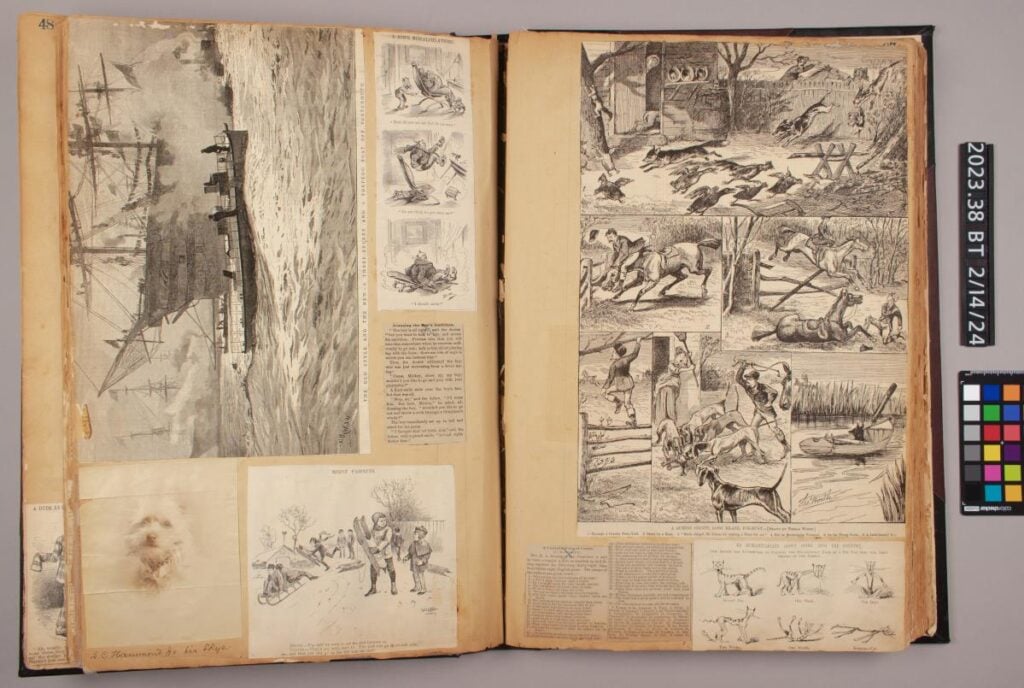 An open scrapbook displays black-and-white illustrations of ships, animals, and people, with several clippings and handwritten notes on both pages. A color calibration card is to the right.