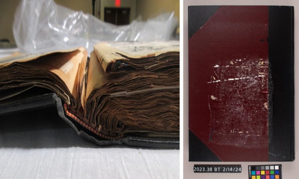 A damaged book with warped, yellowed pages is shown open and viewed from the side; its worn cover is displayed separately next to a color calibration chart.