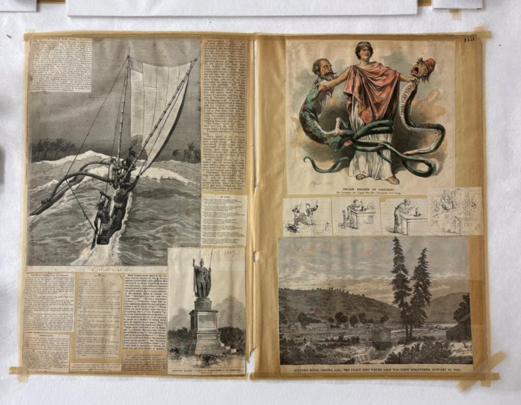 Two scrapbook pages display vintage newspaper clippings and illustrations, including a statue, a windsurfer, a woman with serpents, and a landscape scene.