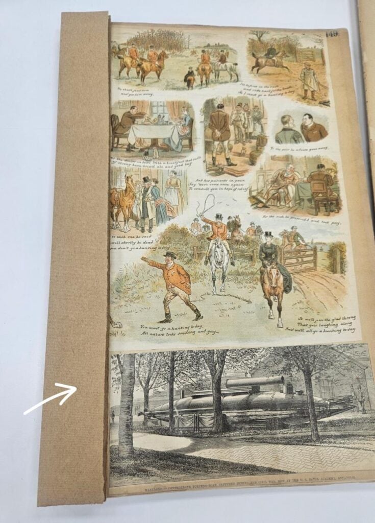 A vintage illustrated page features scenes of people with horses, a child pointing, and a black-and-white drawing of a park with a large cannon and trees at the bottom.