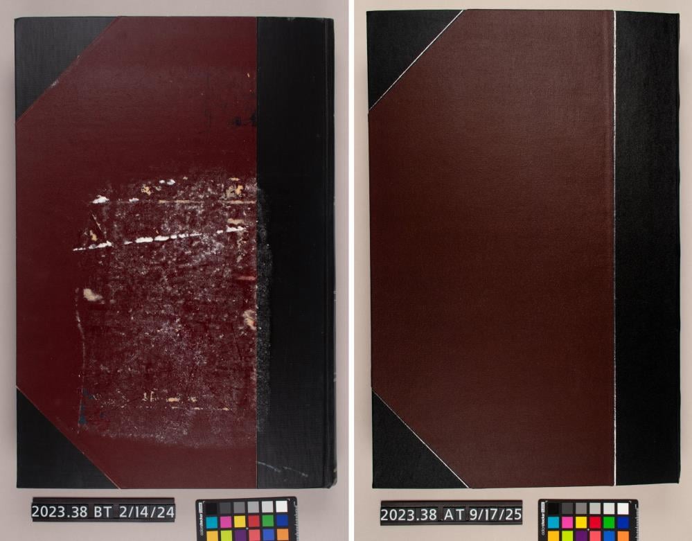 Side-by-side comparison of two book covers: the left cover is worn and damaged; the right cover appears restored and in good condition. Color calibration cards and labels are present below.