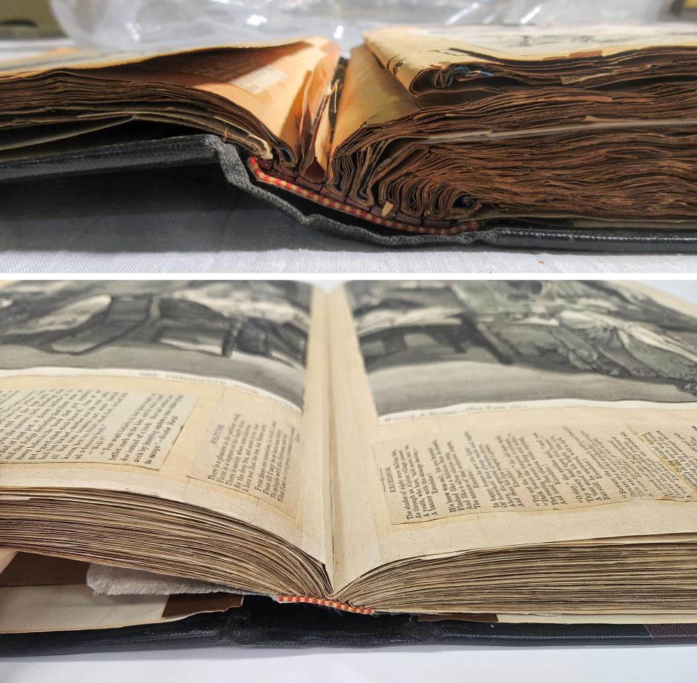 Two photos show an old book: the top image displays damaged, curled pages; the bottom image shows restored, flat pages with visible text and illustrations.