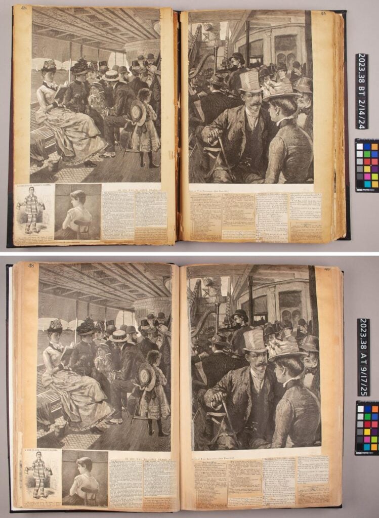 Open scrapbook with sepia-toned illustrations of people in period attire on a boat, accompanied by newspaper clippings and small portrait images on yellowed pages.