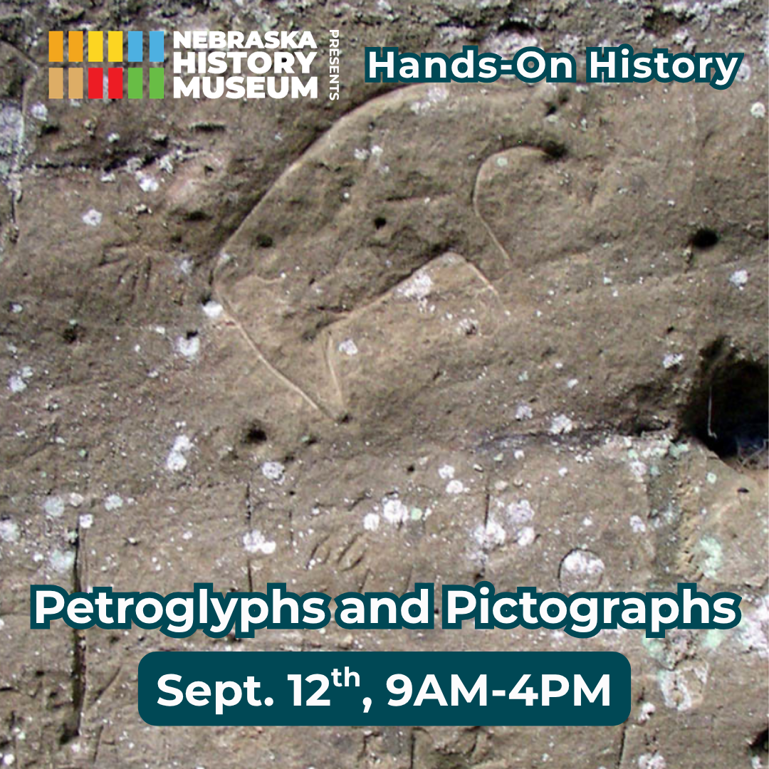 Close-up of rock carvings with event details for “Petroglyphs and Pictographs” at Nebraska History Museum, September 12th, 9 AM to 4 PM.