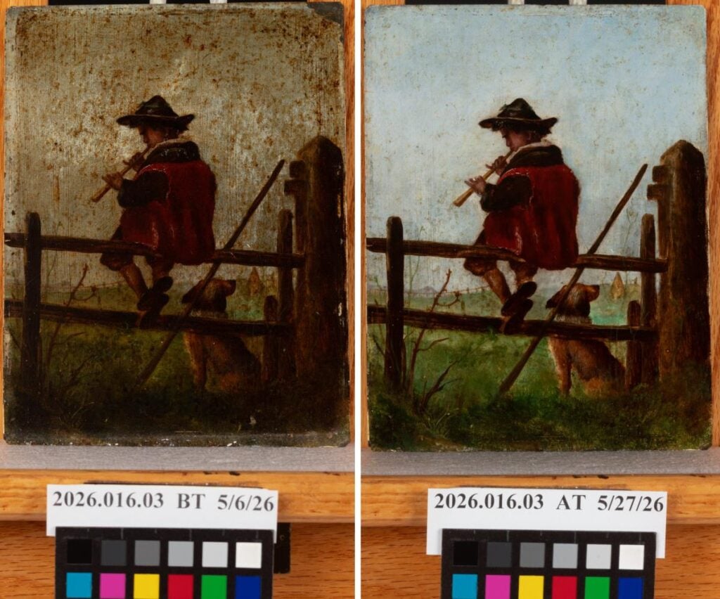 Two side-by-side images show a painting of a person seated on a wooden fence playing a flute, before and after restoration; the right side appears cleaner and more colorful.