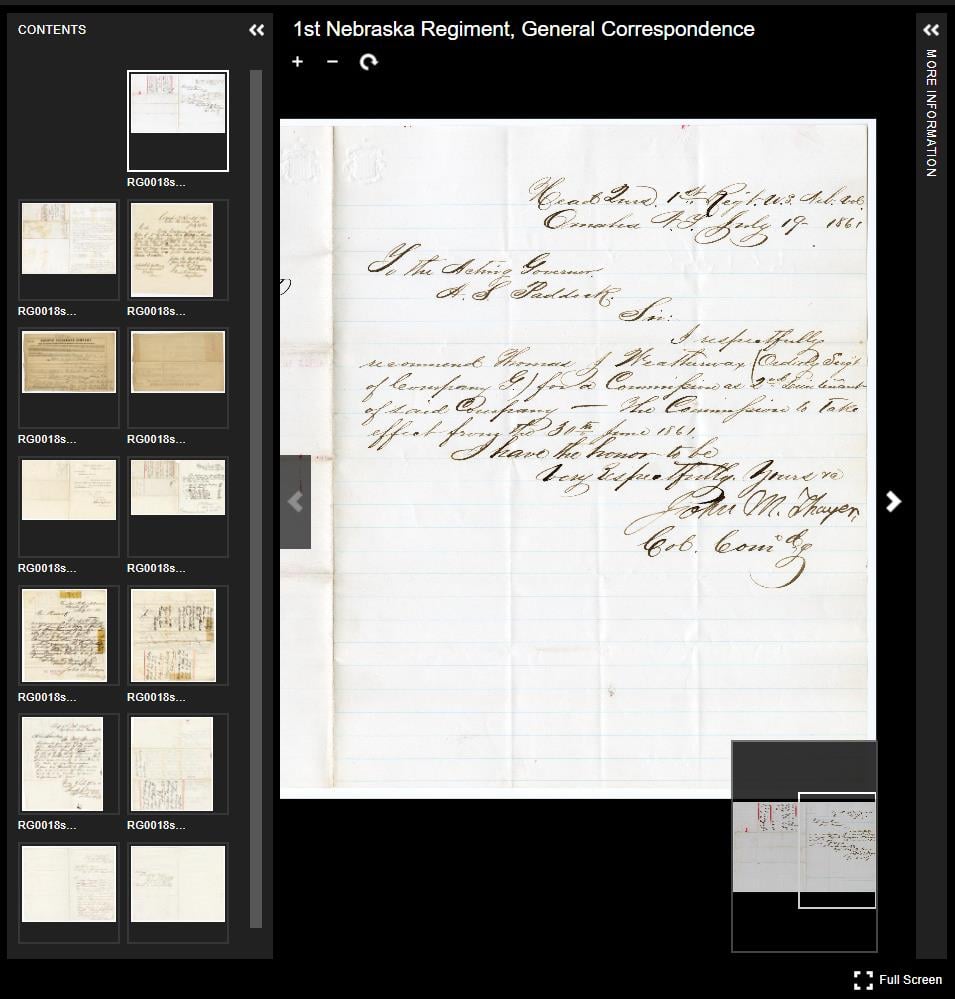 A digitized archive interface displays a handwritten letter from the 1st Nebraska Regiment’s general correspondence, dated October 9, 1861, with a list of related document thumbnails on the left sidebar.
